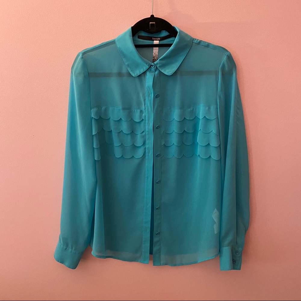 sheer collared blue shirt with subtle ruffle